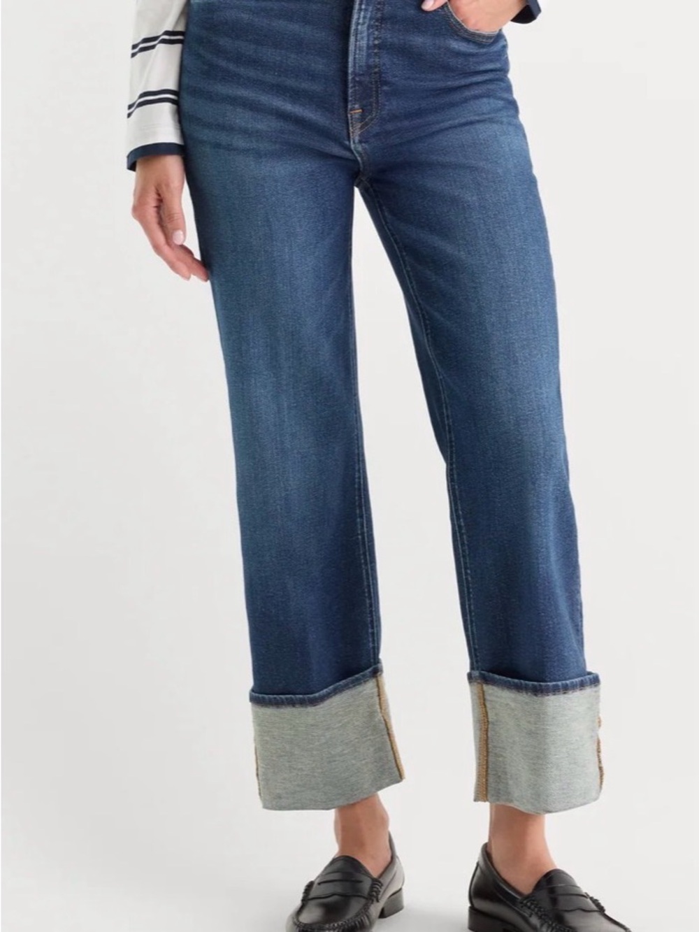 Good American Dark Blue High-Rise Straight Jeans with Wide Cuff